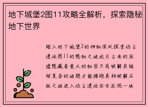 地下城堡2图11攻略全解析，探索隐秘地下世界