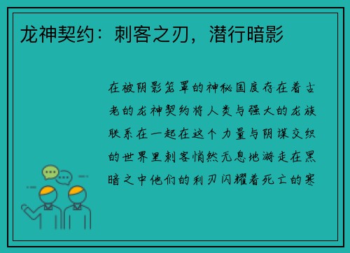 龙神契约：刺客之刃，潜行暗影